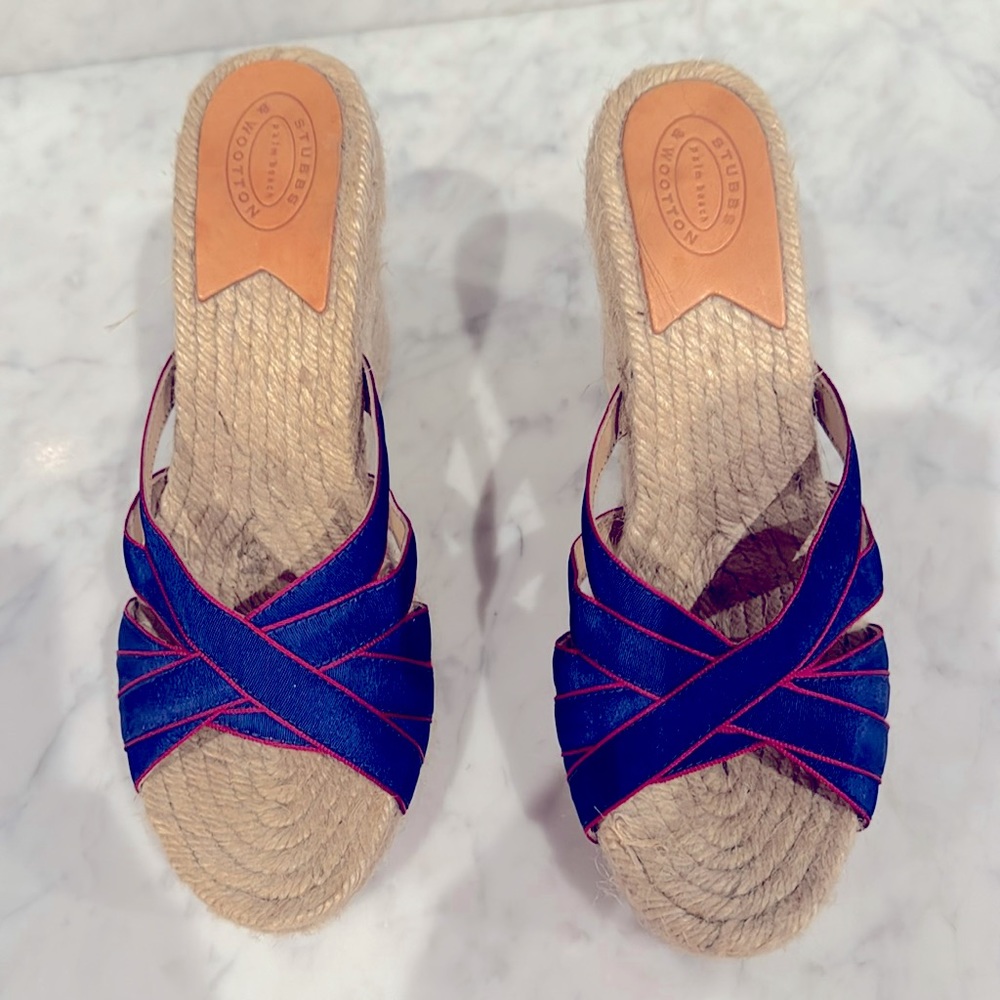 Grace Rib Espadrille features a blue and red  Grosgrain Ribbon and Jute Sole.
